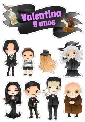 Topo de Bolo Wandinha Addams com Personagens para Editar