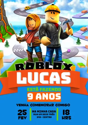 Convite de Aniversário Roblox com Personagens para Editar Online