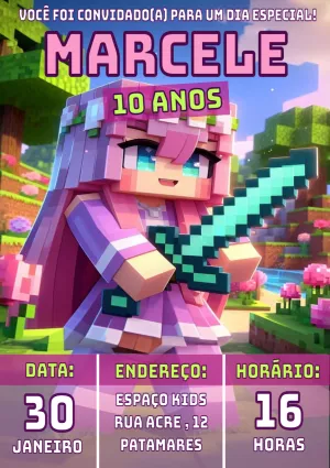 Convite de Aniversário Minecraft Menina para Editar Online