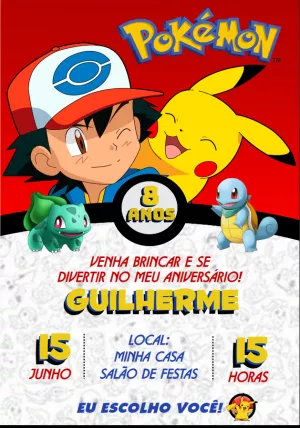 Convite de Aniversário Pokémon com Ash e Pikachu para Editar