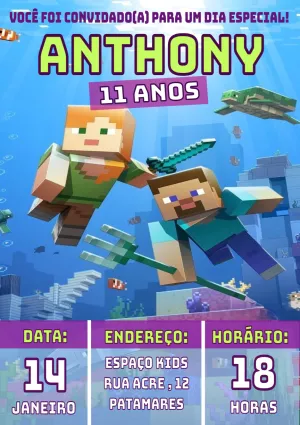 Convite Aniversário Minecraft Mundo Aquático para Editar Online
