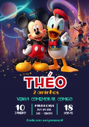 Convite Aniversário Mickey e Donald no Espaço para Editar Online