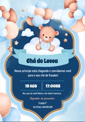 Convite Chá de Fraldas Ursinho Baloeiro para Editar Online