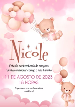 Convite Aniversário Tema Ursinha Rosa com Balões para Editar