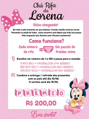 Convite Chá Rifa Minnie Baby Rosa para Editar Online