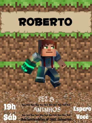 Convite Aniversário Minecraft com Personagem para Editar Online