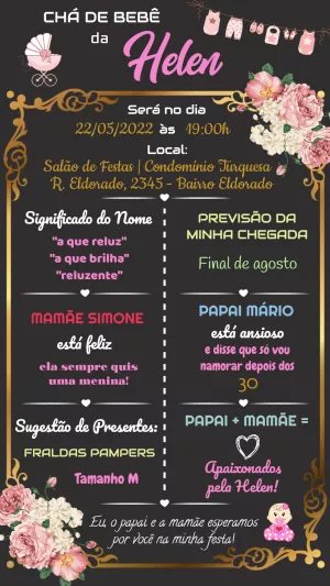 Convite Chá de Bebê Menina Floral Lousa para Editar