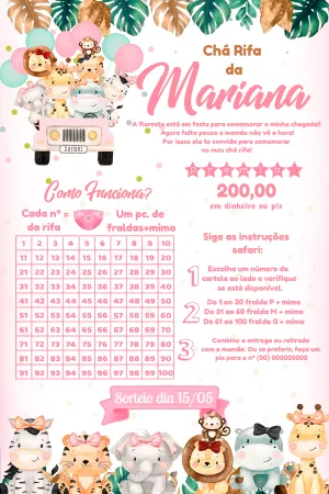 Convite Chá Rifa Safari Menina para Editar Online