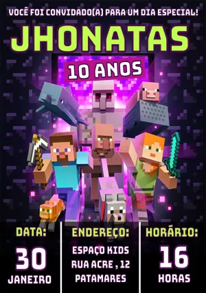 Convite de Aniversário Minecraft com Personagens para Editar