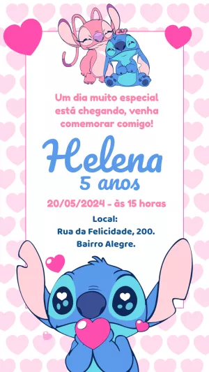 Convite Aniversário Stitch e Angel para Editar Online