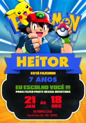 Convite de Aniversário Pokémon com Ash para Editar Online
