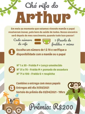 Convite Chá Rifa Safari com Animais para Editar Online