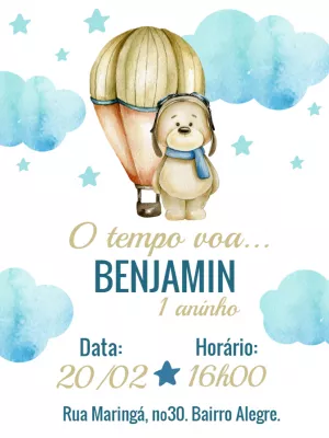 Convite Aniversário Ursinho Baloeiro para Editar Online