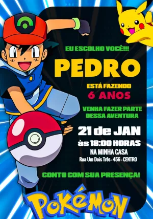 Convite de Aniversário Pokémon com Ash para Editar Online