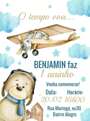 Convite Aniversário Ursinho Aviador para Editar Online