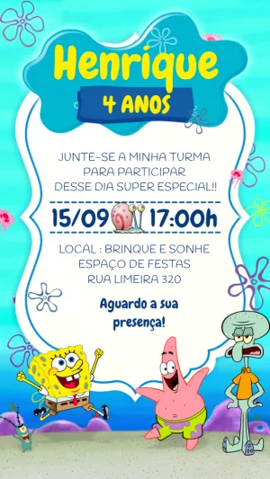Convite Aniversário Bob Esponja e sua Turma para Editar Online