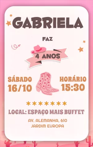 Convite de Aniversário Boiadeira Country para Editar Online