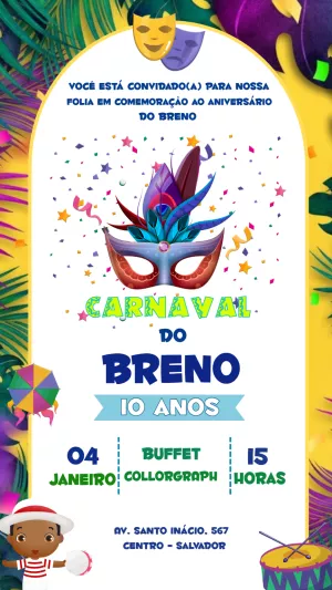 Convite de Aniversário Carnaval com Máscaras para Editar Online