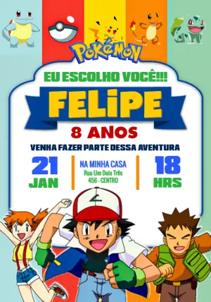 Convite Aniversário Pokémon com Personagens para Editar Online