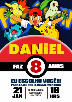 Convite Aniversário Pokémon com Ash e Pikachu para Editar Online