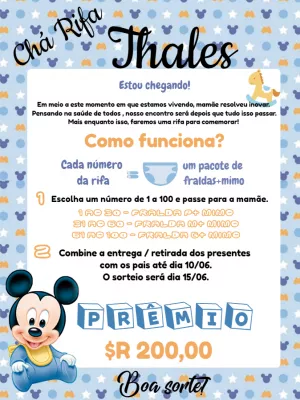 Convite Chá Rifa Mickey Baby Editável Online para Enviar
