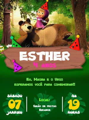 Convite de Aniversário Masha e o Urso para Editar Online