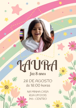 Convite Aniversário Arco Íris com Foto para Editar Online