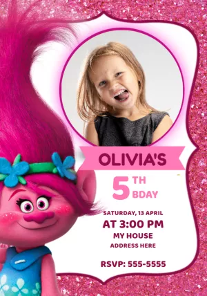 Trolls Birthday Invitation with Photo to Edit Online