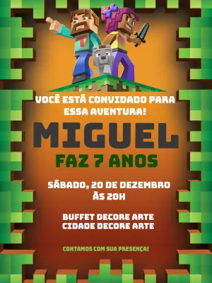 Convite Aniversário Minecraft com Personagens para Editar Online