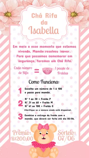 Convite Chá Rifa Ursinha Rosa para Editar Online