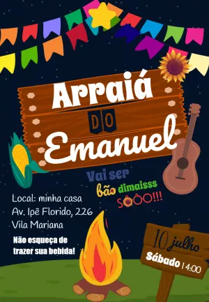 Convite Arraiá de Aniversário com Fogueira para Editar Online