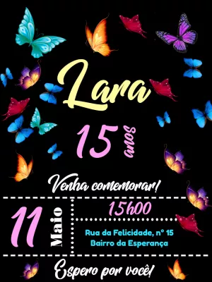 Convite de Aniversário Borboletas Neon para Editar Online