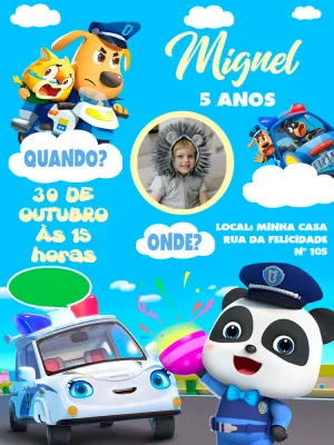 Convite Aniversário Babybus Detetive com Foto para Editar Online