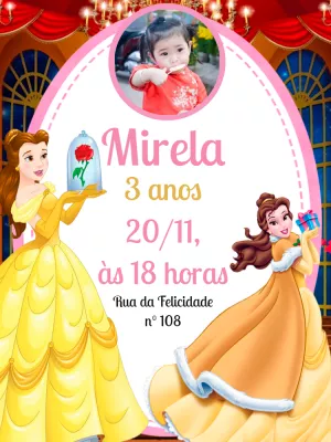 Convite Aniversário Bela e a Fera com Foto para Editar