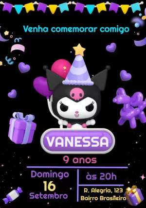Convite de Aniversário Kuromi Editável Online para Enviar