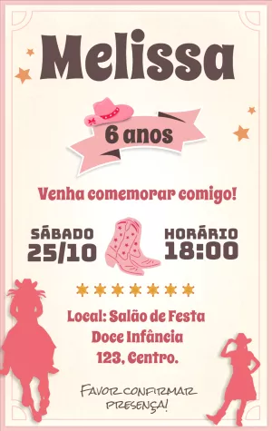 Convite Aniversário Boiadeira Country Rosa para Editar