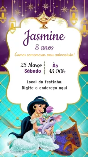 Convite de Aniversário Princesa Jasmine para Editar Online