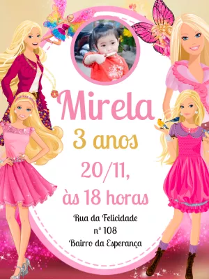 Convite Aniversário Barbie com Foto para Editar Online
