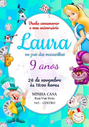 Convite Aniversário Alice no País das Maravilhas para Editar