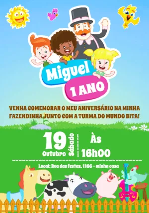 Convite Aniversário Mundo Bita Fazendinha para Editar Online