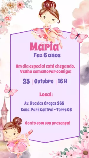 Convite Aniversário Bailarina Delicada para Editar Online