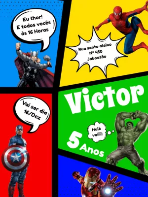 Convite de Aniversário Vingadores com Heróis para Editar
