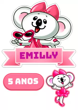 Topo de Bolo Aniversário Coala Rosa Editável para Imprimir