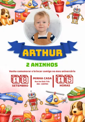 Convite Aniversário Brinquedos com Foto para Editar Online