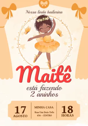 Convite Aniversário Bailarina Negra para Editar Online