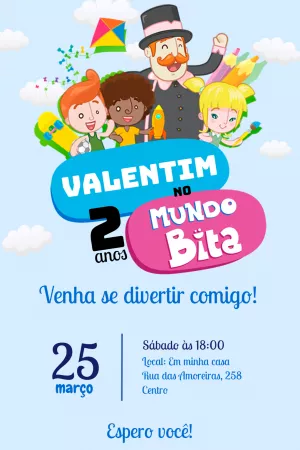 Convite Aniversário Mundo Bita com Personagens para Editar Online