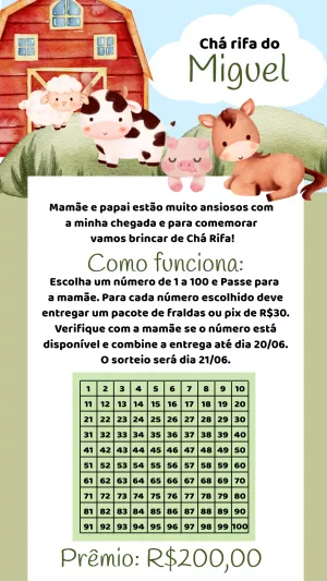 Convite Chá Rifa Fazendinha com Animais para Editar Online
