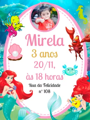 Convite Aniversário Pequena Sereia com Foto para Editar Online