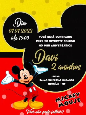 Convite Aniversário Mickey Mouse Clássico para Editar Online