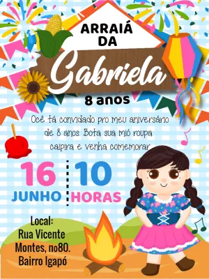 Convite Aniversário Festa Junina Menina para Editar Online